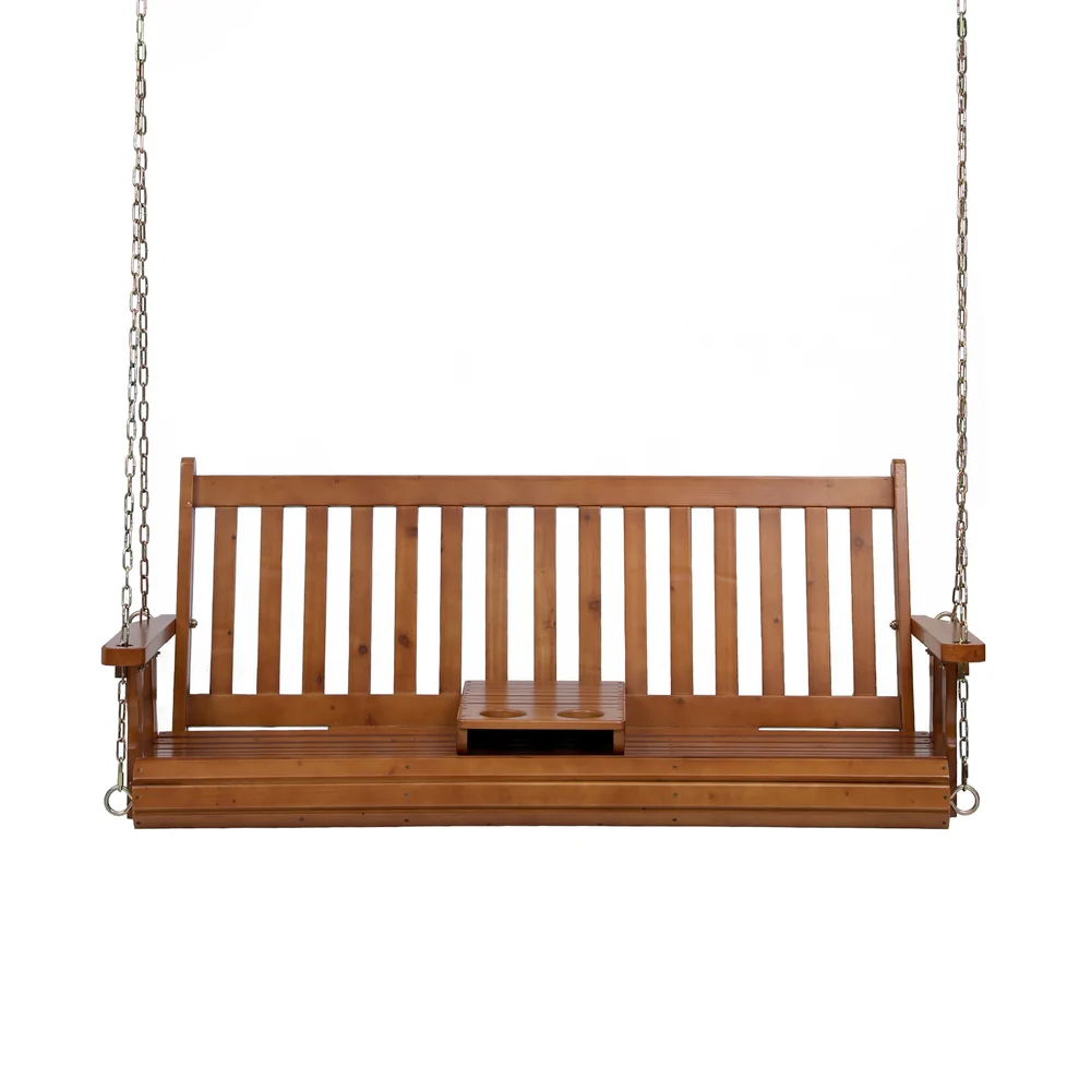 Gardeon Porch Outdoor Swing Chair Patio Furniture Wooden Bench 2 Seat Cup Holder - Image 3