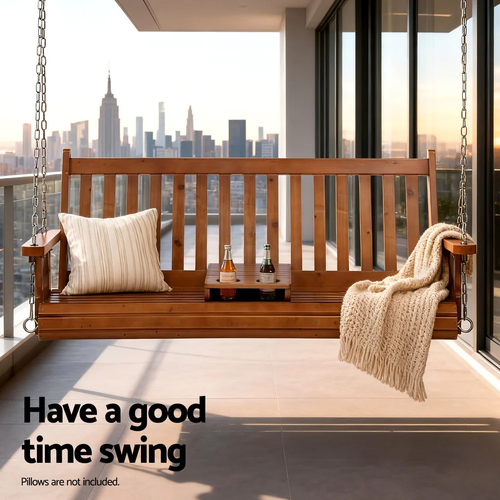 Gardeon Porch Outdoor Swing Chair Patio Furniture Wooden Bench 2 Seat Cup Holder - Image 4
