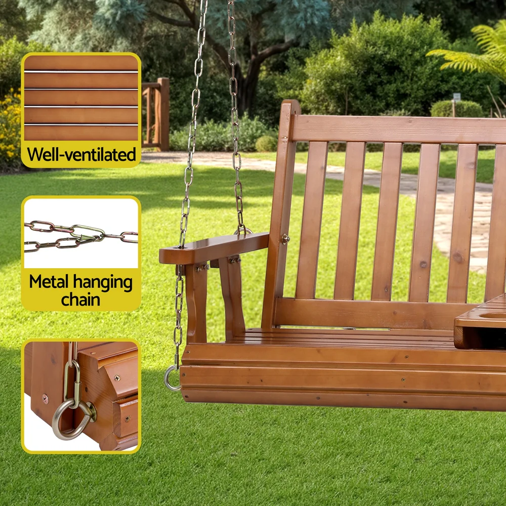 Gardeon Porch Outdoor Swing Chair Patio Furniture Wooden Bench 2 Seat Cup Holder - Image 6