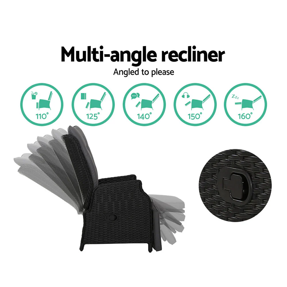 Gardeon Recliner Chairs Sun lounge Wicker Lounger Outdoor Furniture Patio Adjustable Black - Image 5