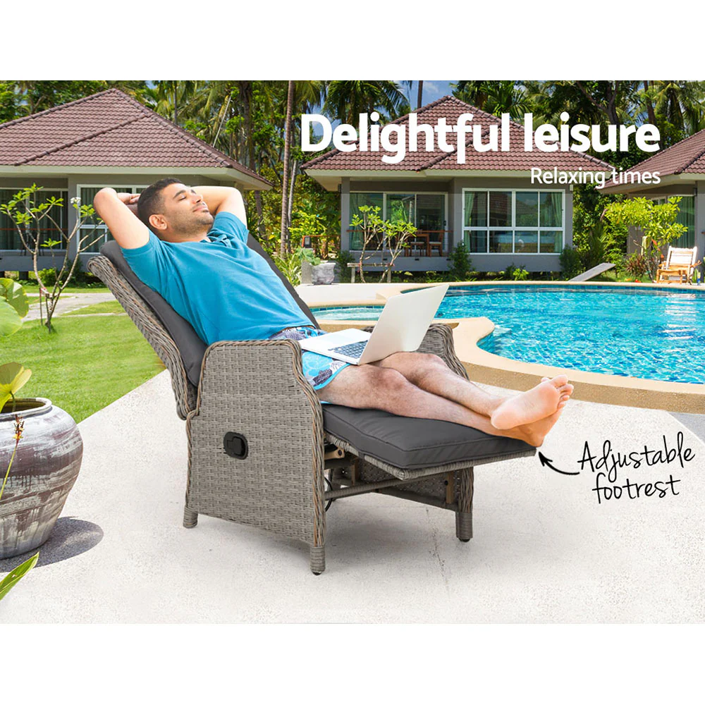 Gardeon Recliner Chairs Sun lounge Wicker Lounger Outdoor Furniture Patio Adjustable Grey - Image 4