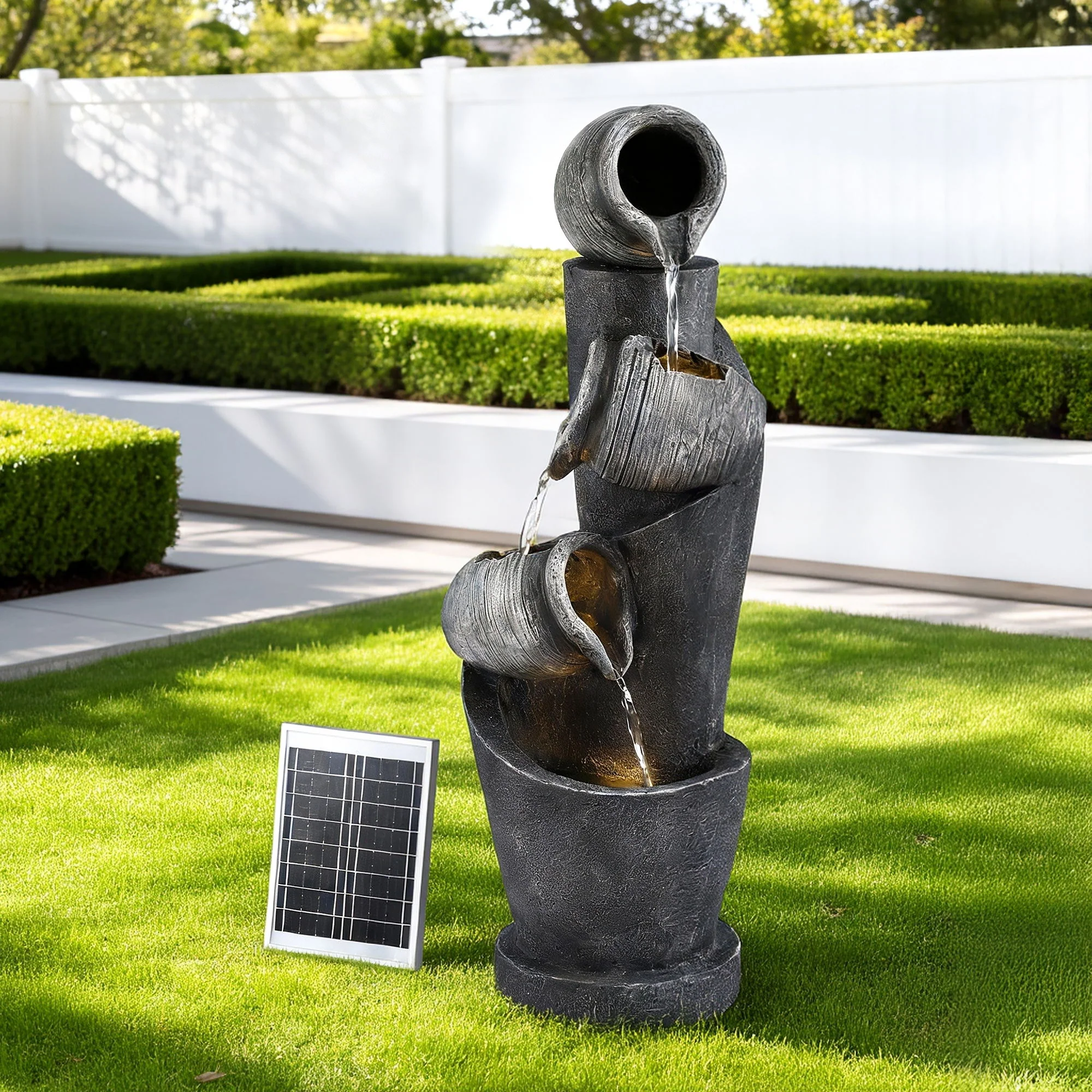 Gardeon Solar Fountain Water Feature Cascading Fountain 3-Tier Pot LED Lights 80CM Grey