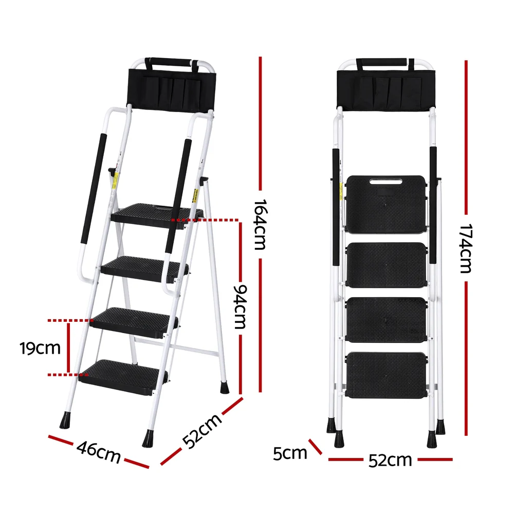 Giantz 4 Step Ladder Multi-Purpose Folding Steel Platform Tool Bag Handrails - Image 2