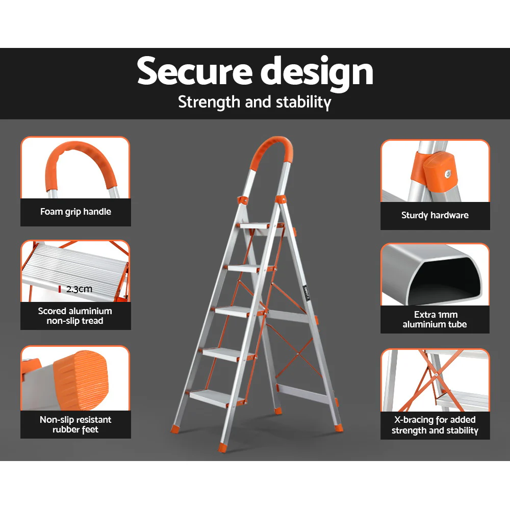 Giantz 5 Step Ladder Multi-Purpose Folding Aluminium Light Weight Non Slip Platform - Image 5