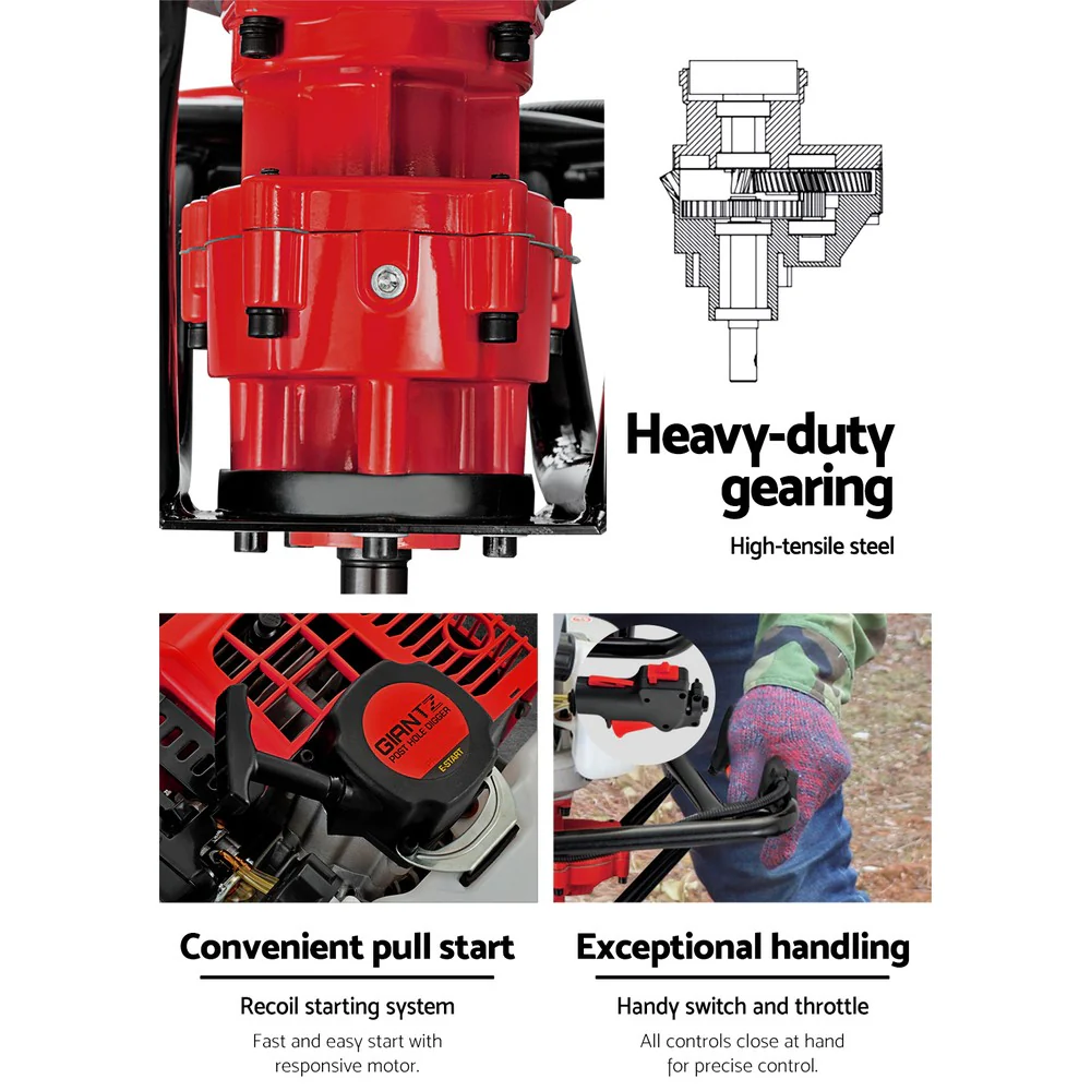 Giantz Post Hole Diggers 65CC Petrol Digger Extension Auger Bits - Image 4