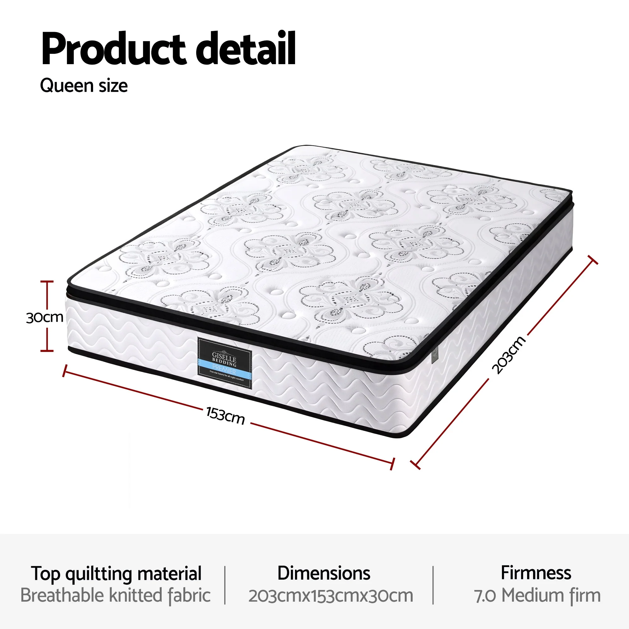 Giselle Bedding 30cm Mattress Pocket Spring Medium Firm Foam Euro Top Queen - Image 3