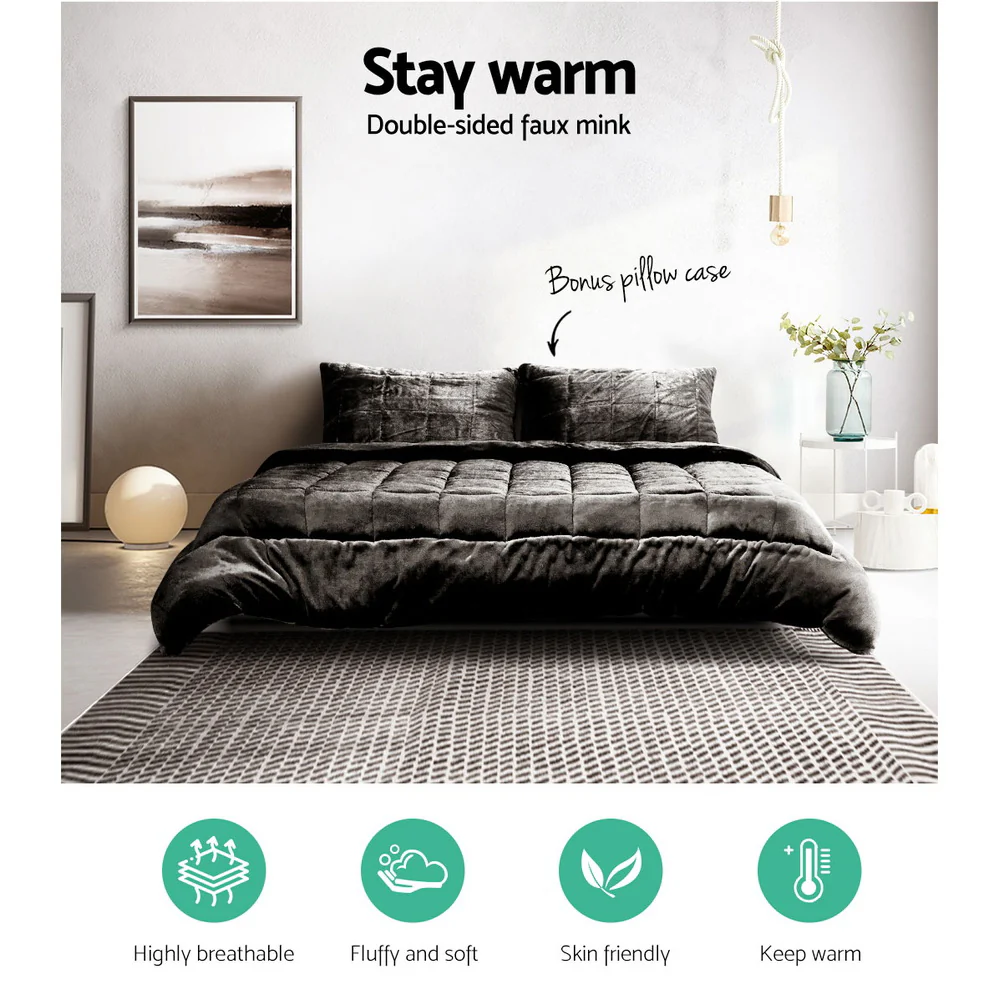 Giselle Bedding Faux Mink Quilt Charcoal Super King - Image 3