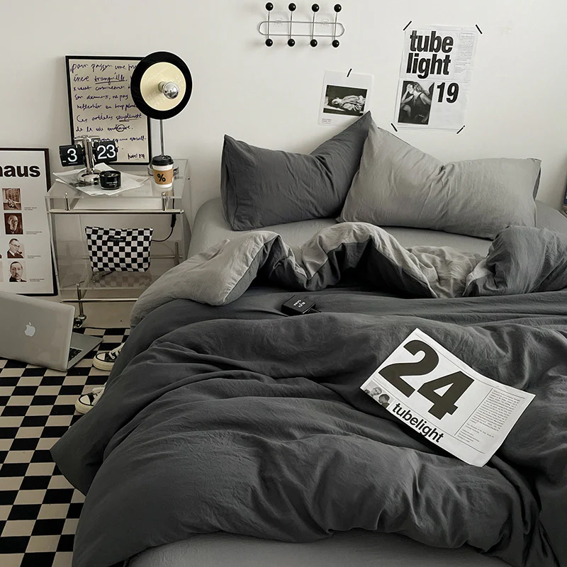 Grey 1.5m Bed Fitted Sheet Set with 200x230cm Duvet Cover - 4-Piece Bedding Set