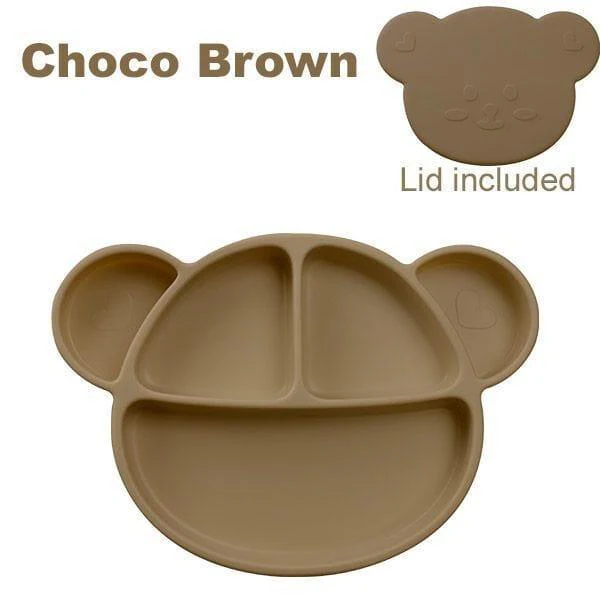 Grosmimi Bear Silicone Suction Food Plate with Silicone Lid Chocolate Brown - Image 6