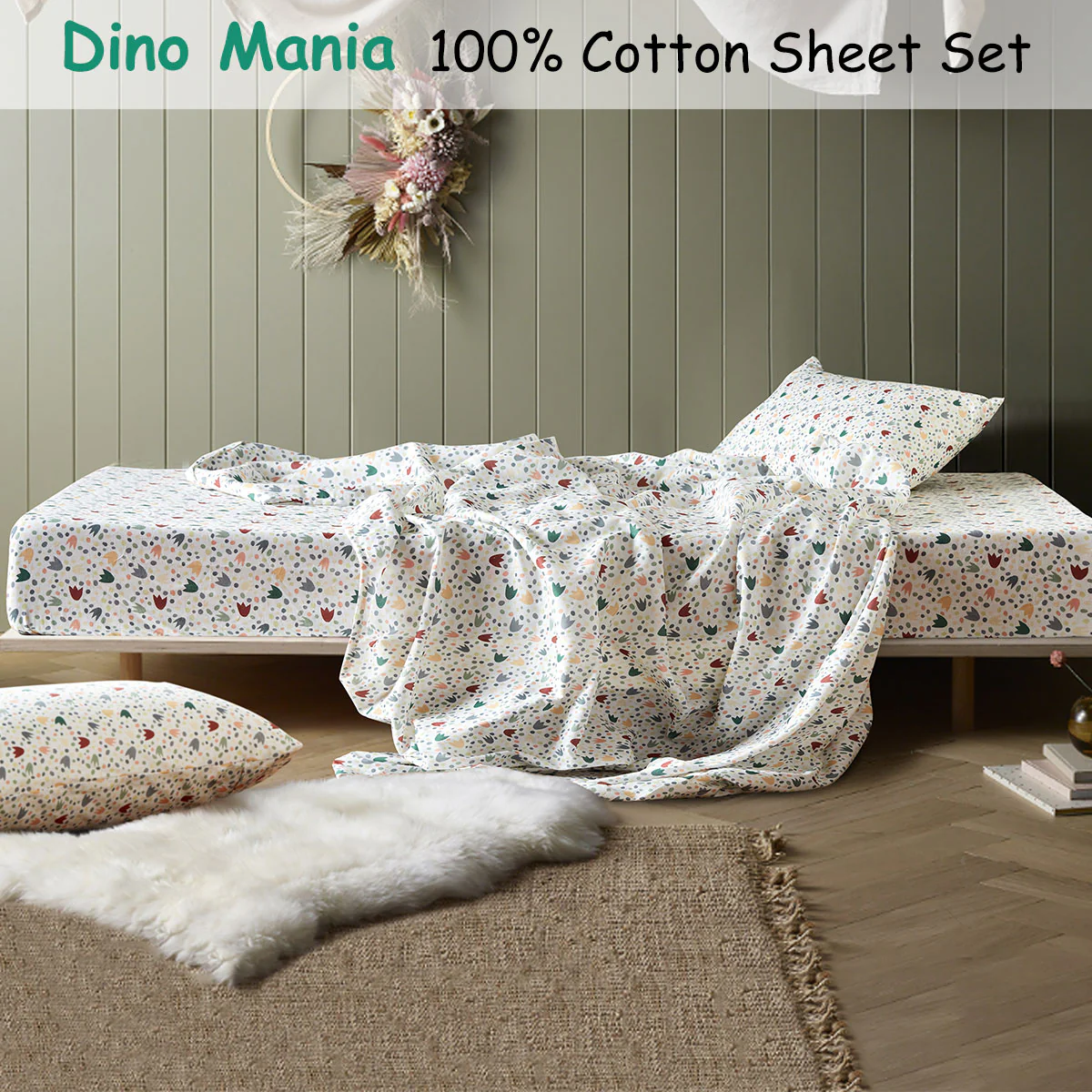 Happy Kids Dino Mania Green Cotton Sheet Set Double - Image 2