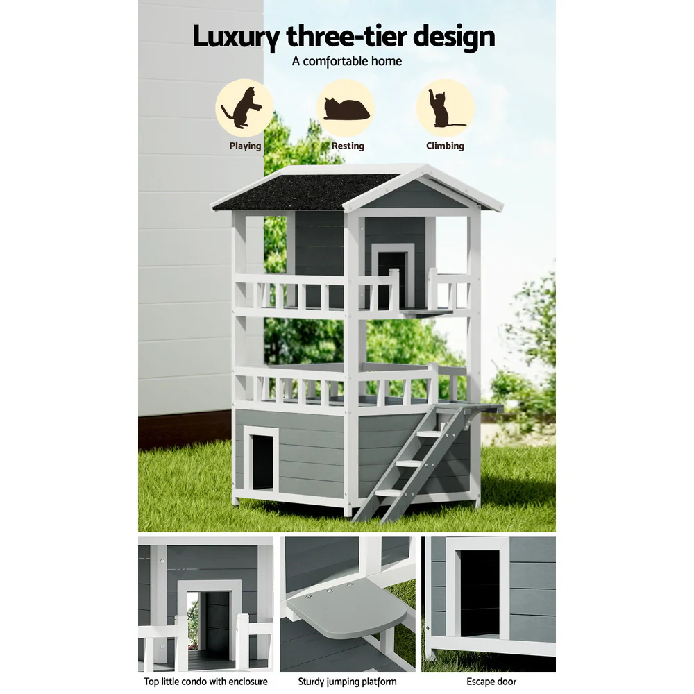 i.Pet Outdoor Cat House Shelter 72cm x 72cm x 127cm Rabbit Hutch Wooden Condo Small Outdoor Cat House - Image 5