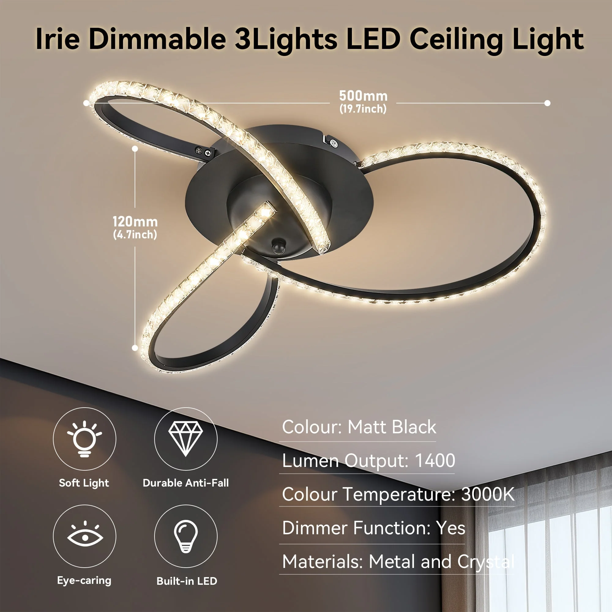 Irie Dimmable 3 Lights LED Ceiling Light - Black - Image 8
