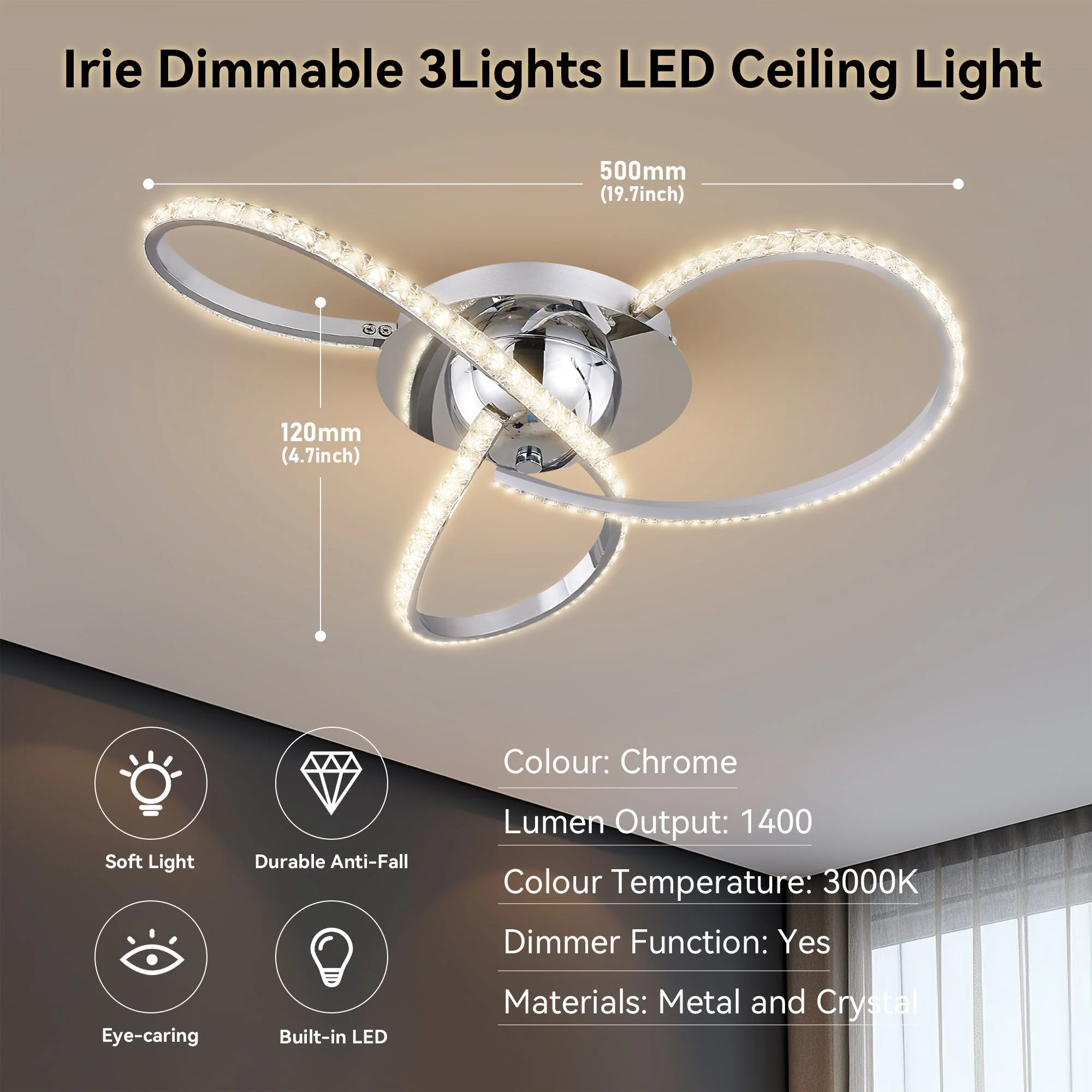 Irie Dimmable 3 Lights LED Ceiling Light - Chrome - Image 6