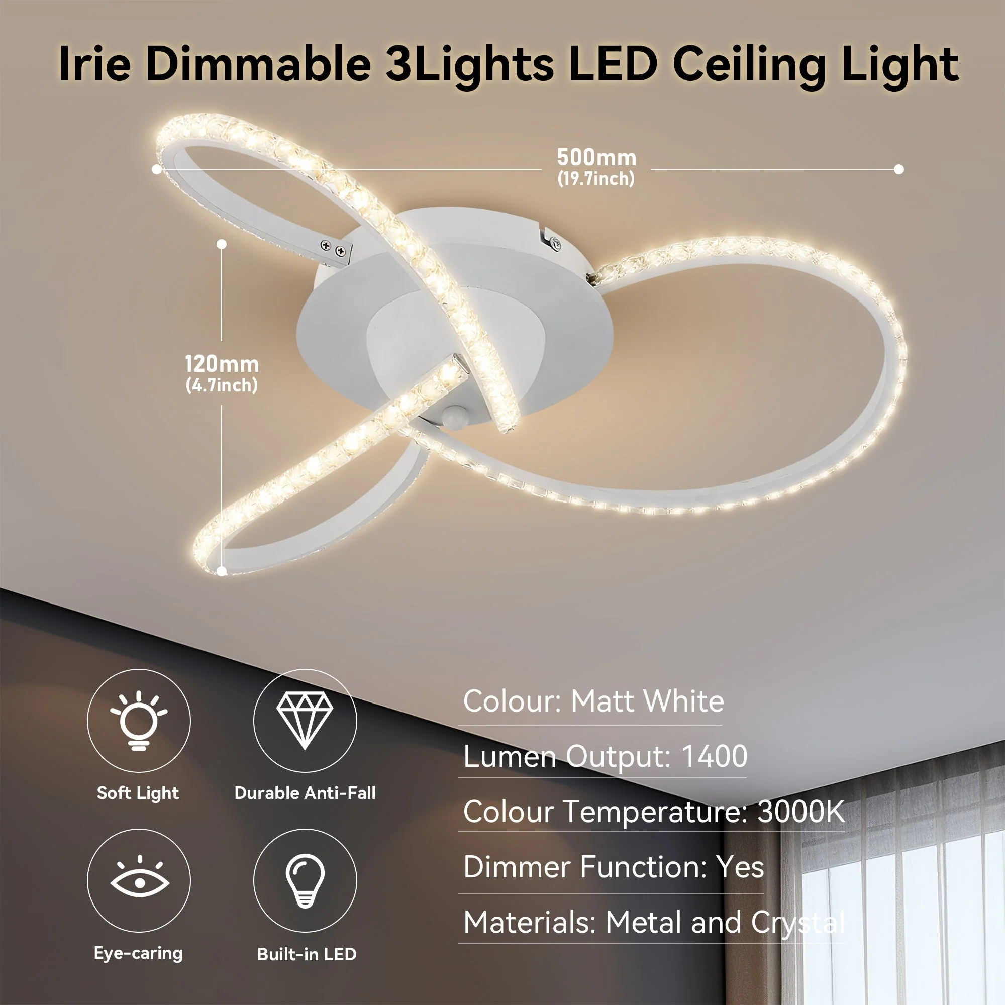 Irie Dimmable 3 Lights LED Ceiling Light - White - Image 6