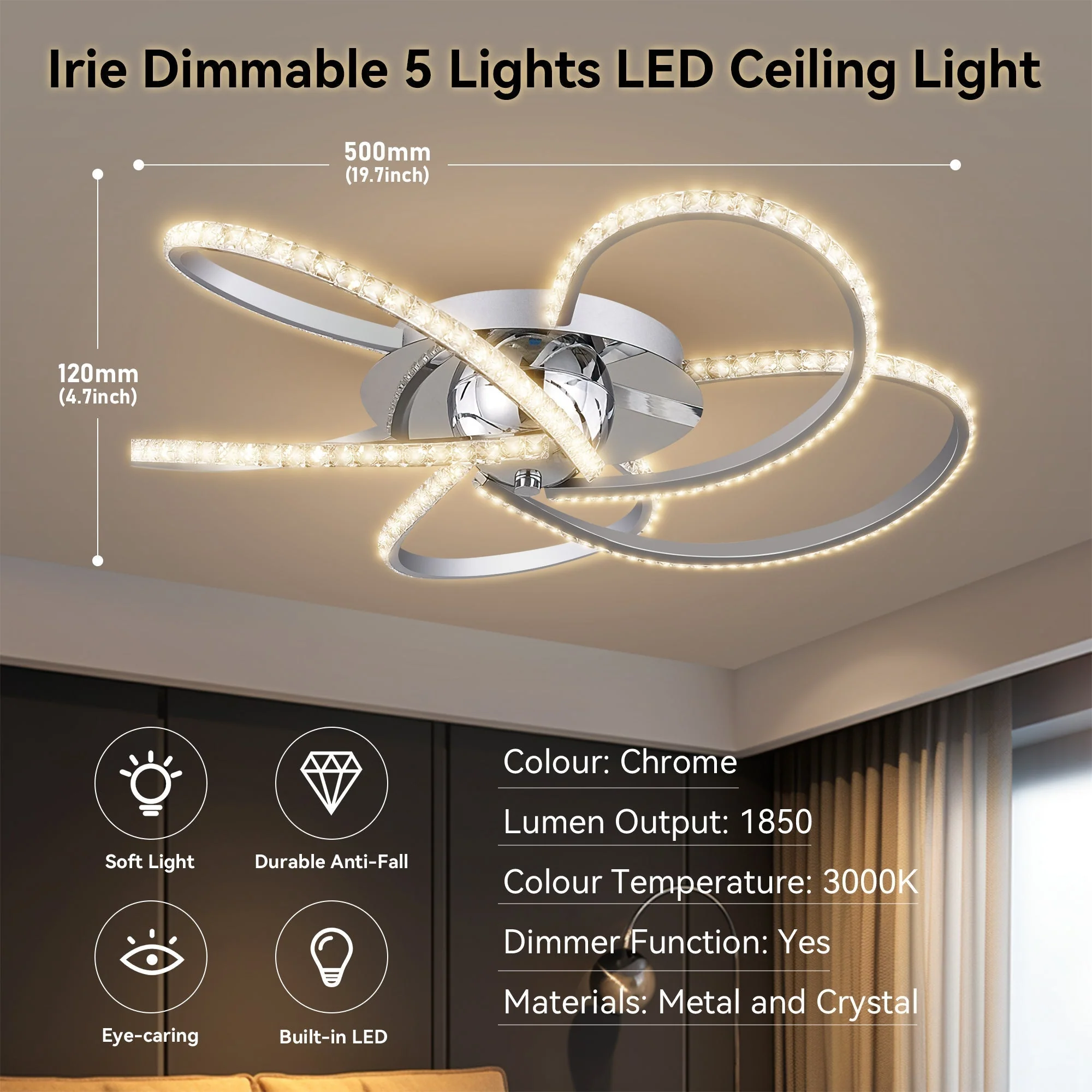 Irie Dimmable 5 Lights LED Ceiling Light - Chrome - Image 6