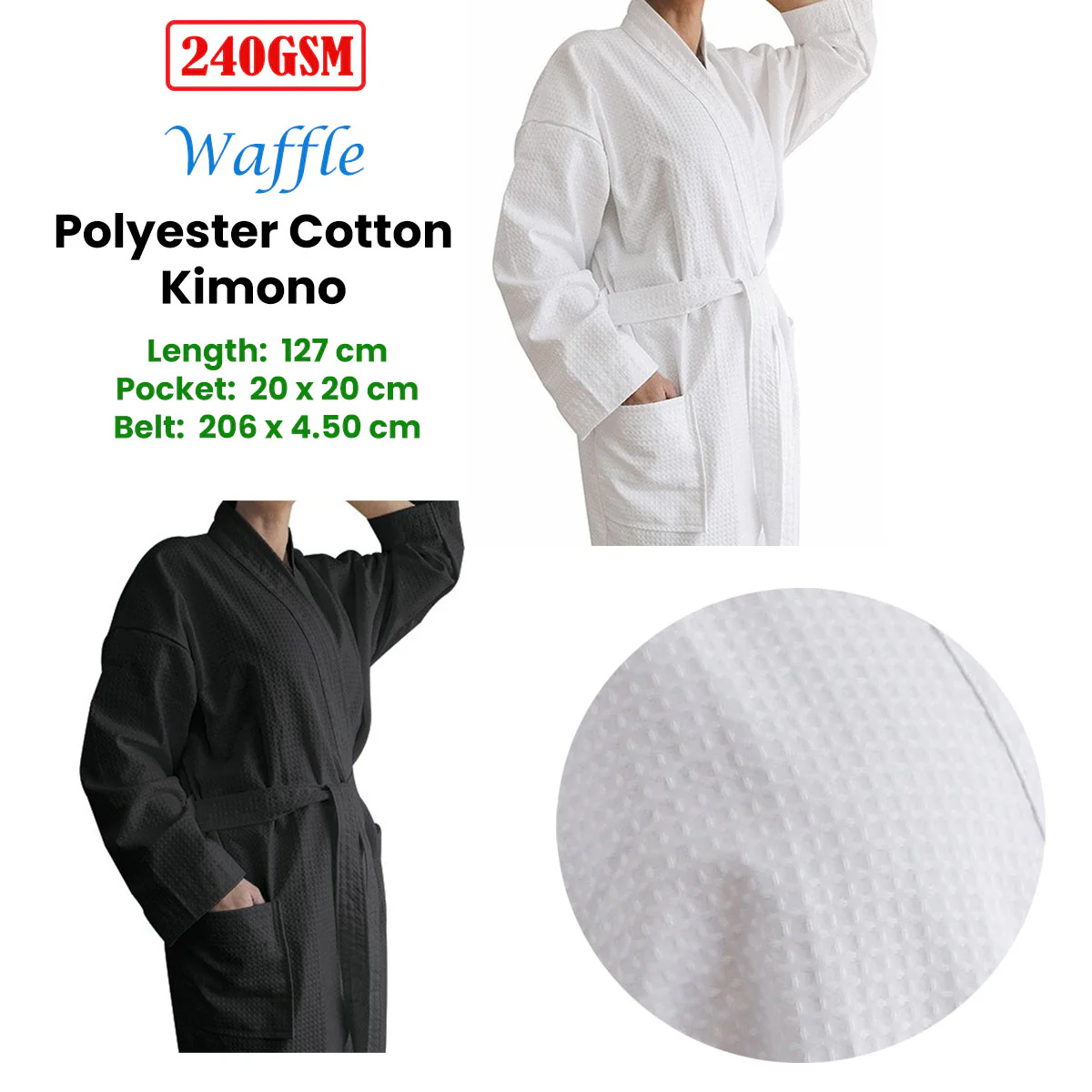 Jason 240GSM Waffle Polyester Cotton Kimono White - Image 3