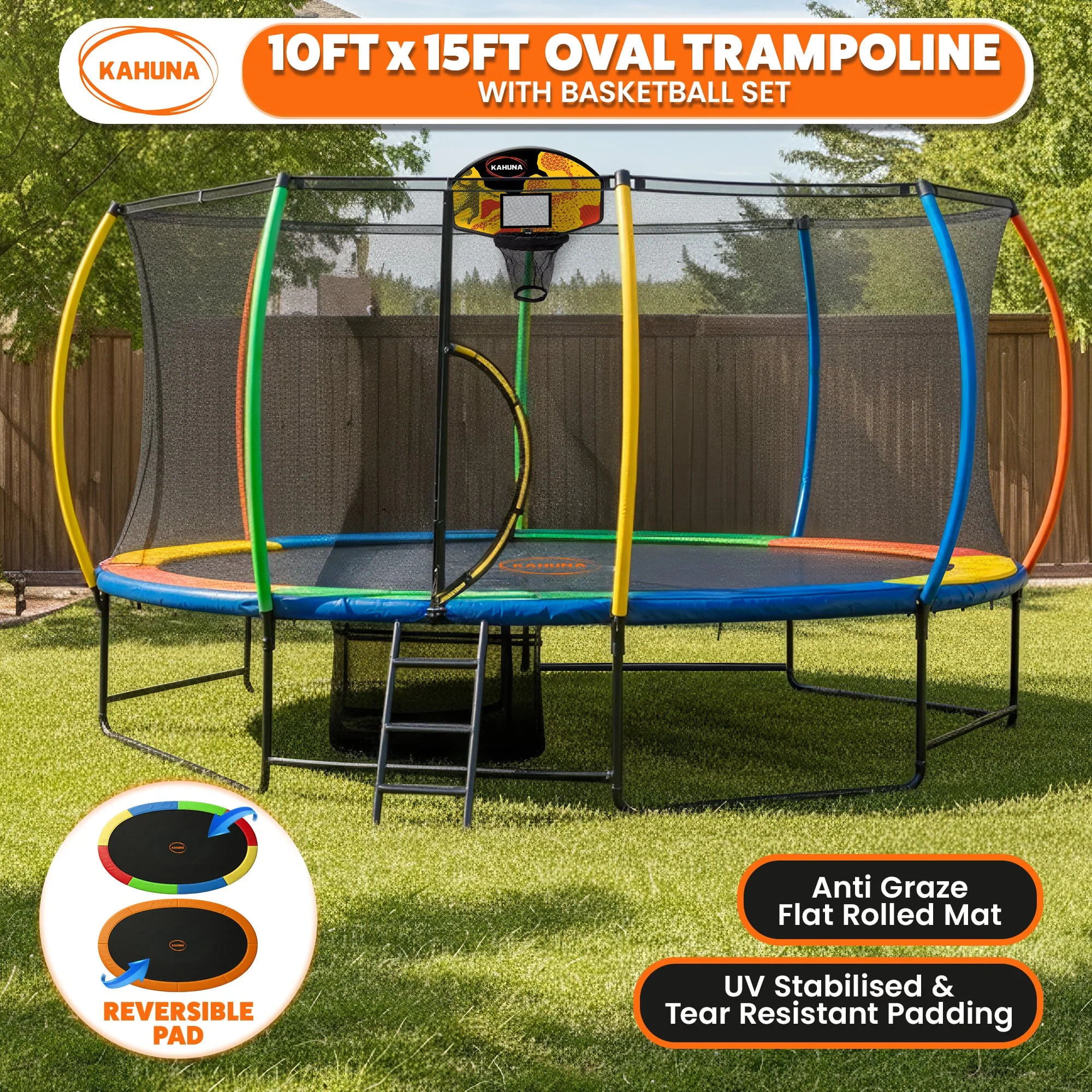 Kahuna 10 ft x 15 ft Oval Outdoor Trampoline L.E.D. Basketball Set Reversible Rainbow & Orange Safety Pad Safety Net Ladder - Image 6