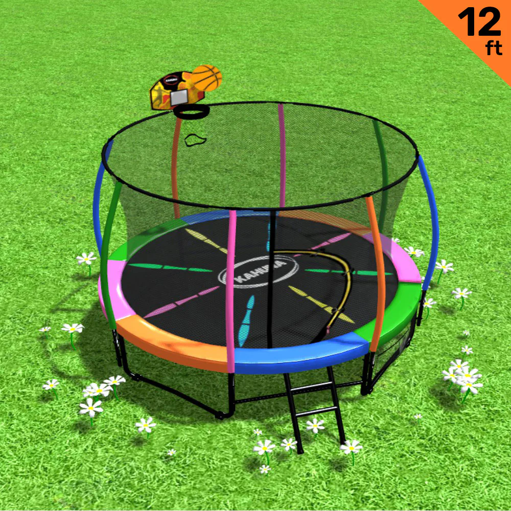 Kahuna 12ft Outdoor Trampoline Kids Children With Safety Enclosure Pad Mat Ladder Basketball Hoop Set - Rainbow - Image 2