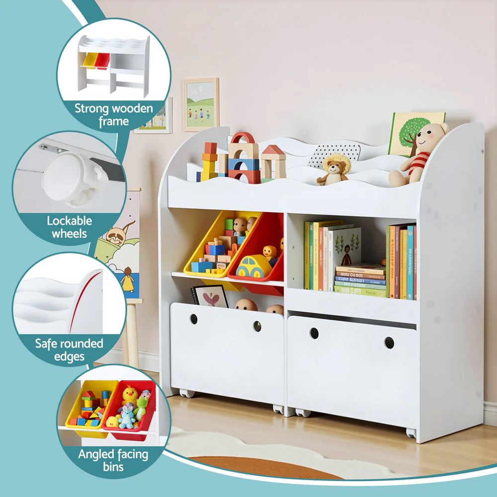 Keezi 3 Tiers Kids Bookshelf Storage Children Bookcase Toy Box Organiser Display White - Image 7