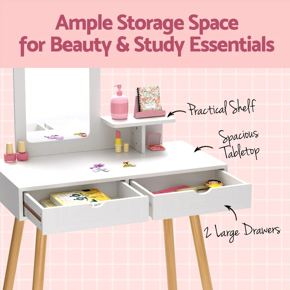 Keezi Kids Dressing Table Vanity Makeup Chair Set with Mirror Drawers Wooden Legs - Image 7