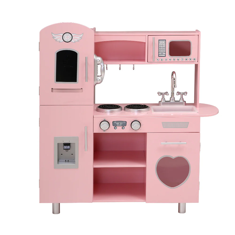Keezi Kids Kitchen Play Set Wooden Pretend Toys Cooking Children Food Pink - Image 3