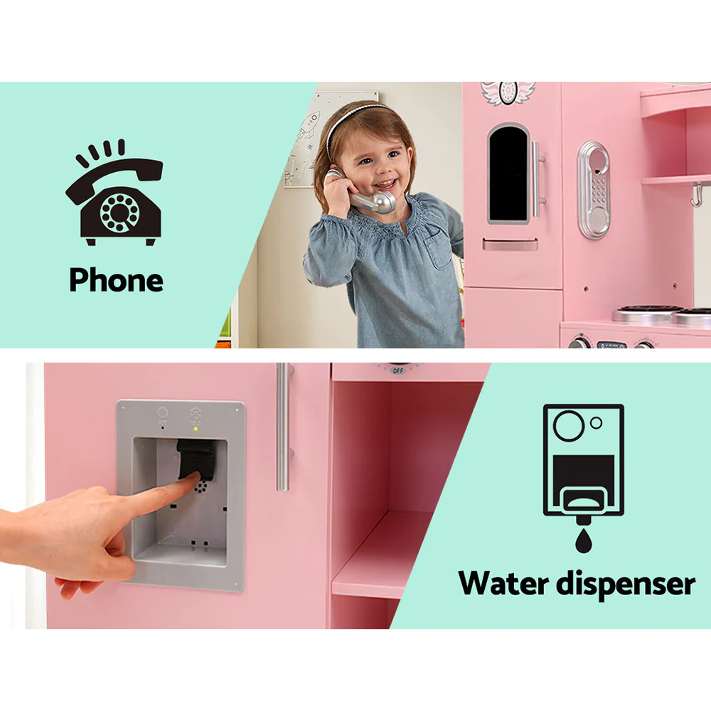 Keezi Kids Kitchen Play Set Wooden Pretend Toys Cooking Children Storage Pink - Image 6
