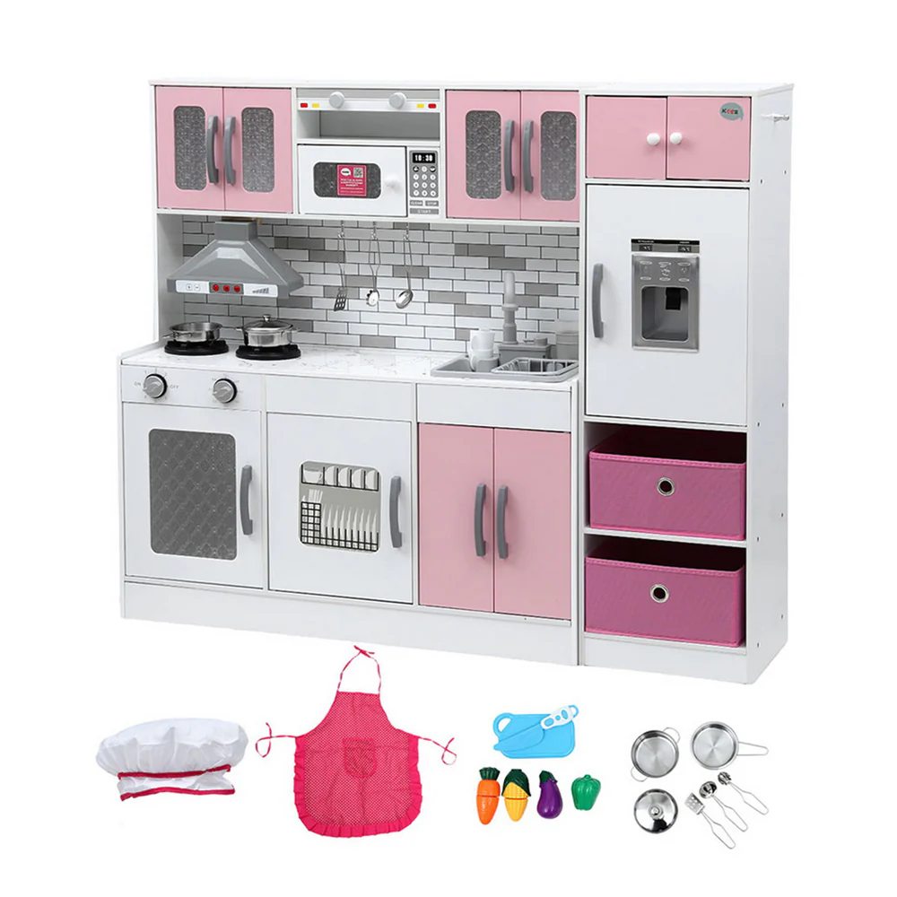 Keezi Kids Kitchen Playset 2-Piece Wooden Pretend Play Coffee Maker Toy 100CM Pink - Image 2
