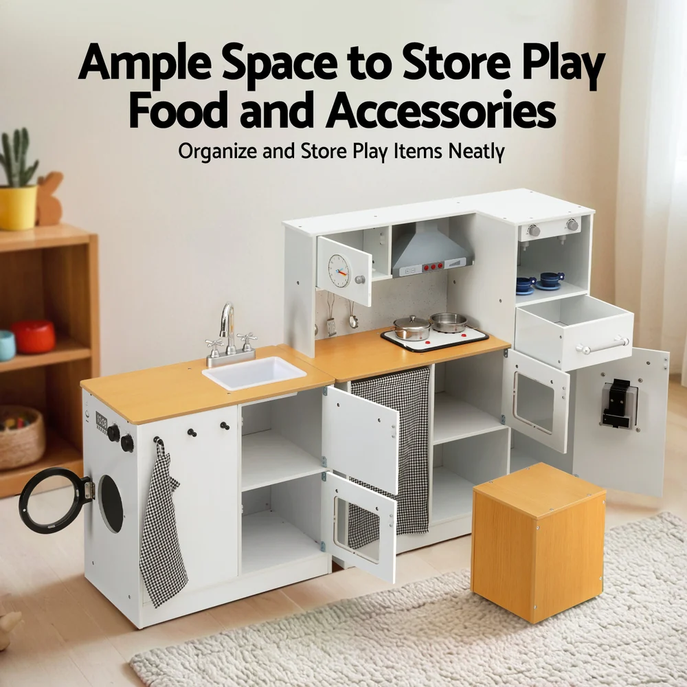 Keezi Kids Kitchen Playset 2-Piece Wooden Pretend Play Coffee Maker Toy 80CM White - Image 6