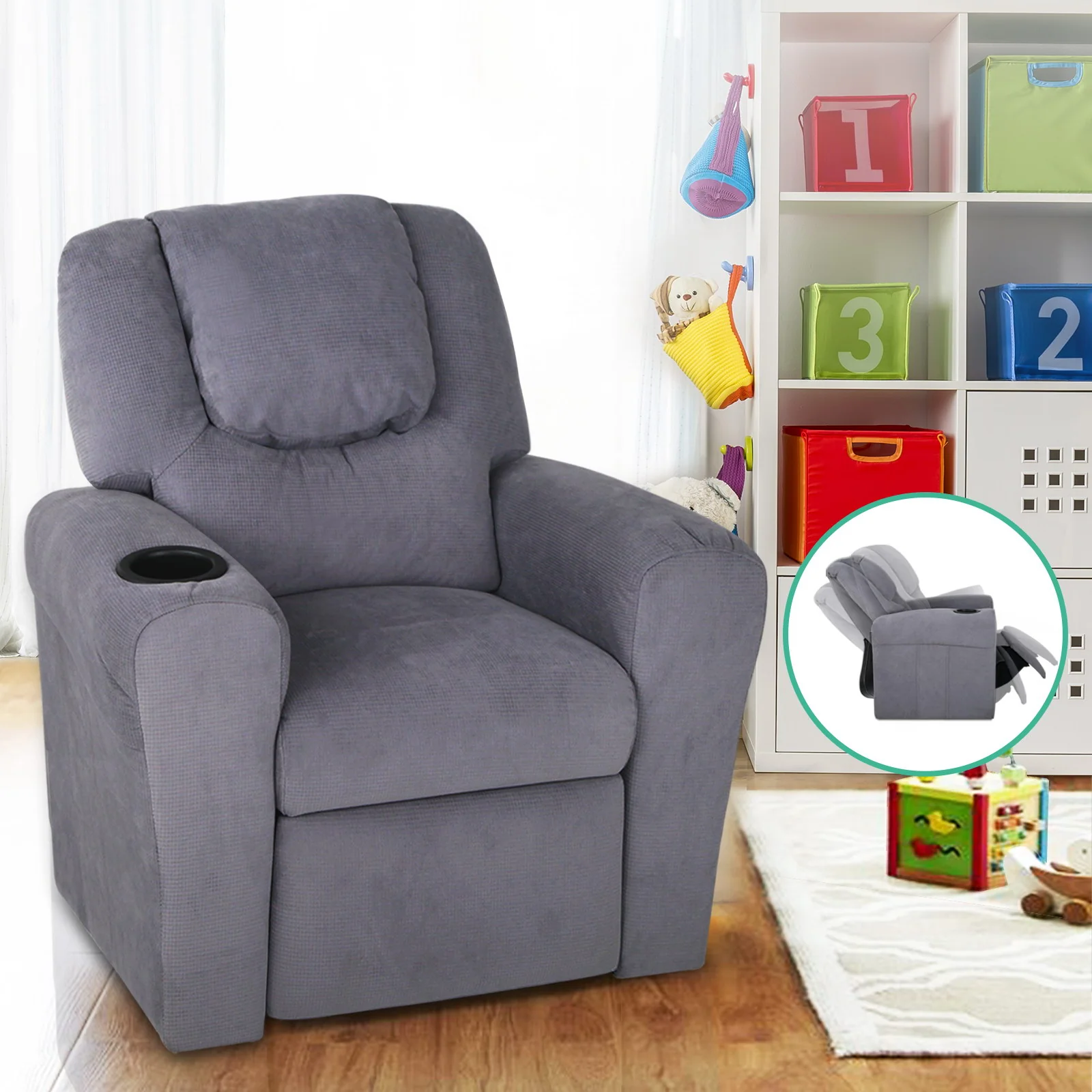 Keezi Kids Recliner Chair Linen Soft Sofa Lounge Couch Children Armchair Grey - Image 6