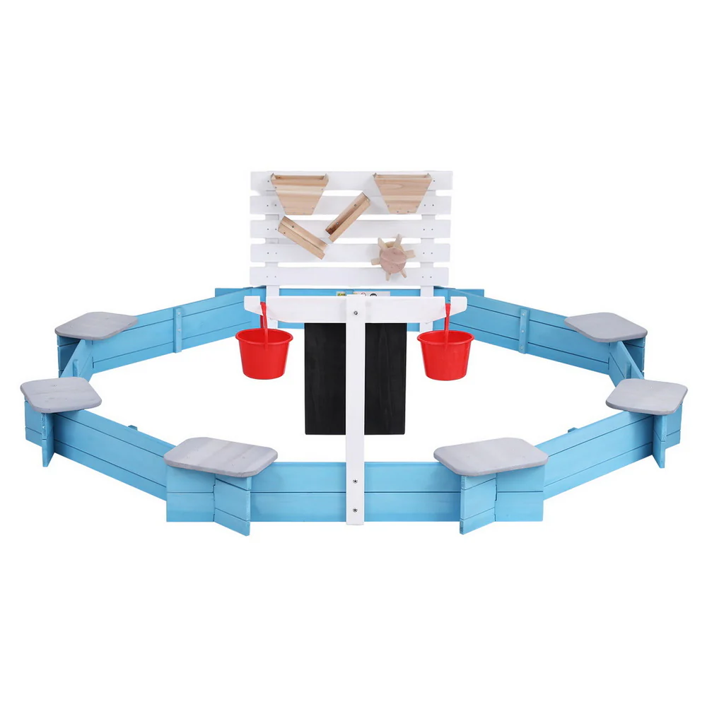 Keezi Kids Sandpit Wooden Round Sand Pit with Cover Funnel Bench Seat Beach Toys 215cm - Image 3