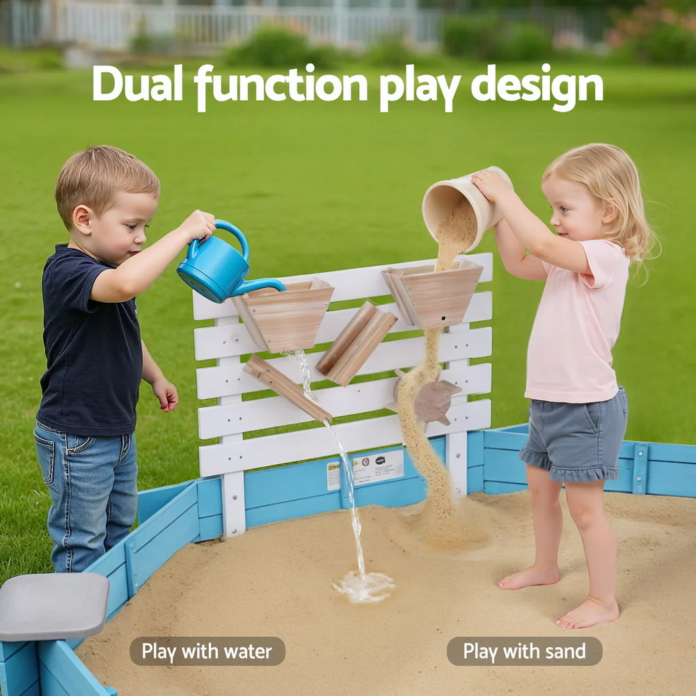 Keezi Kids Sandpit Wooden Round Sand Pit with Cover Funnel Bench Seat Beach Toys 215cm - Image 6