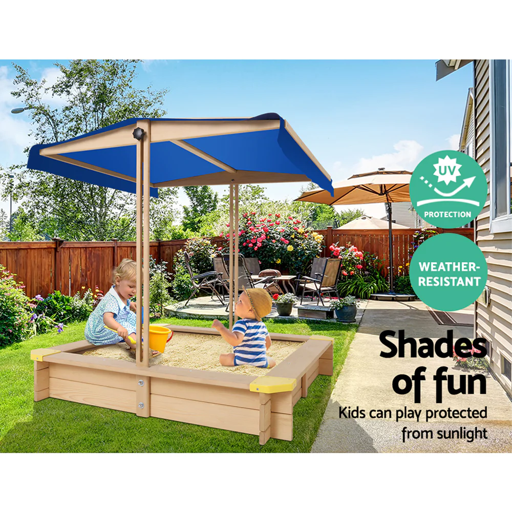 Keezi Kids Sandpit Wooden Sandbox Sand Pit with Canopy Bench Seat Toys 101cm - Image 5