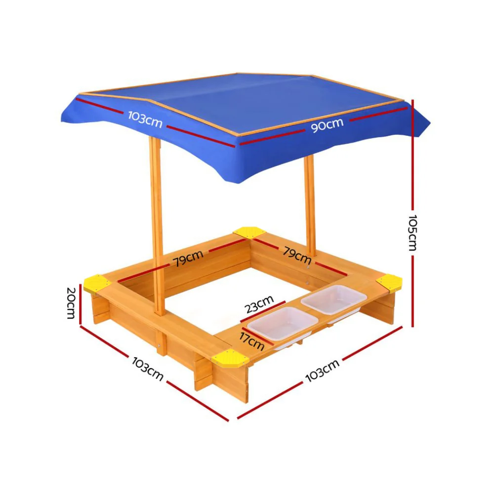 Keezi Kids Sandpit Wooden Sandbox Sand Pit with Canopy 103cm - Image 2