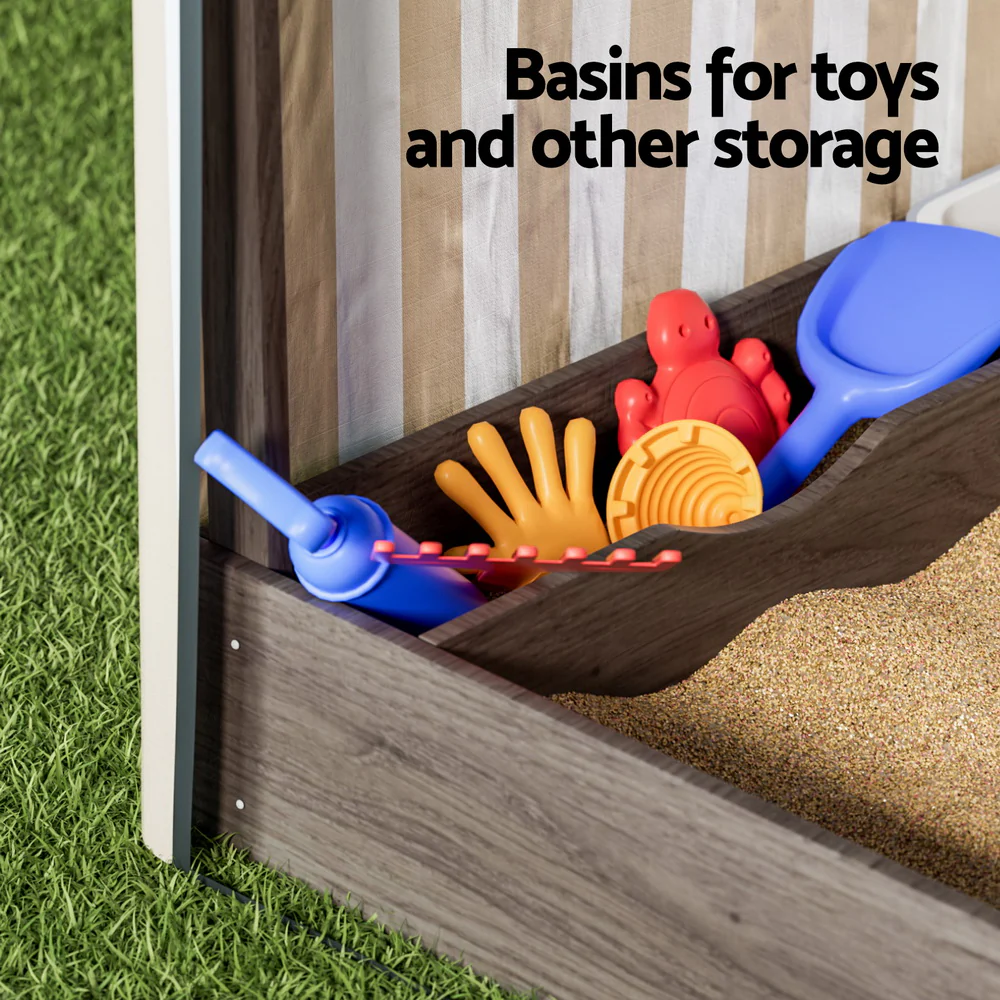 Keezi Kids Sandpit Wooden Sandbox Sand Pit with Canopy Window 120cm - Image 5
