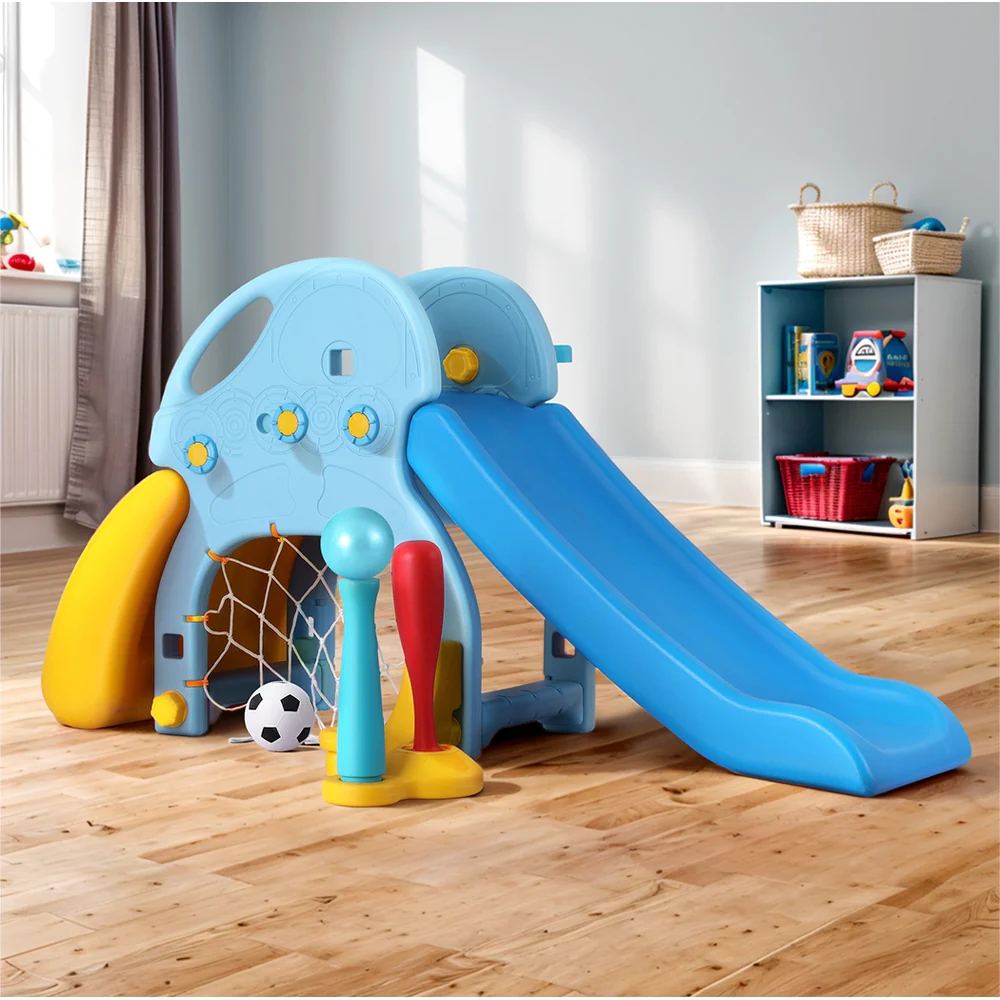 Keezi Kids Slide Set Baseball Bat Basketball Hoop Outdoor Playground 120cm Blue - Image 7