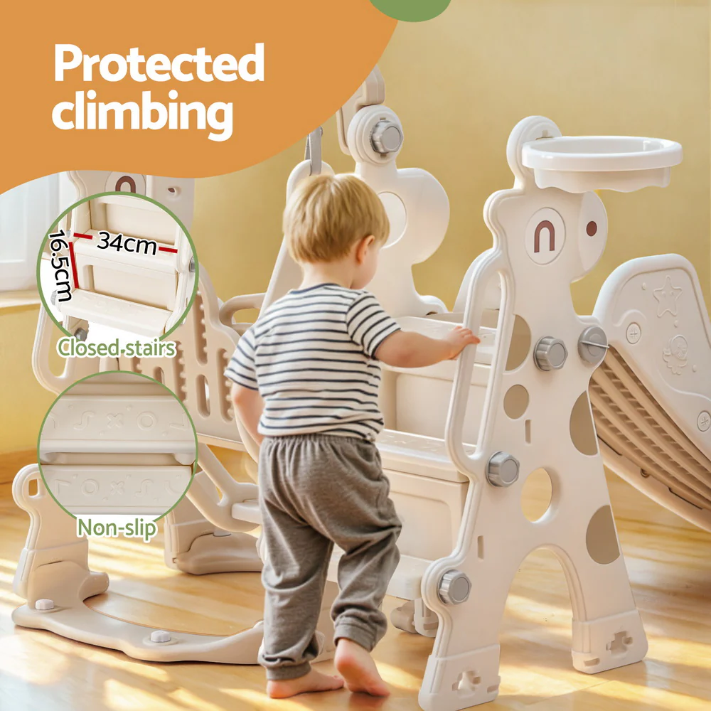 Keezi Kids Slide Swing Set Basketball Hoop Outdoor Playground Toys 160cm Beige - Image 4