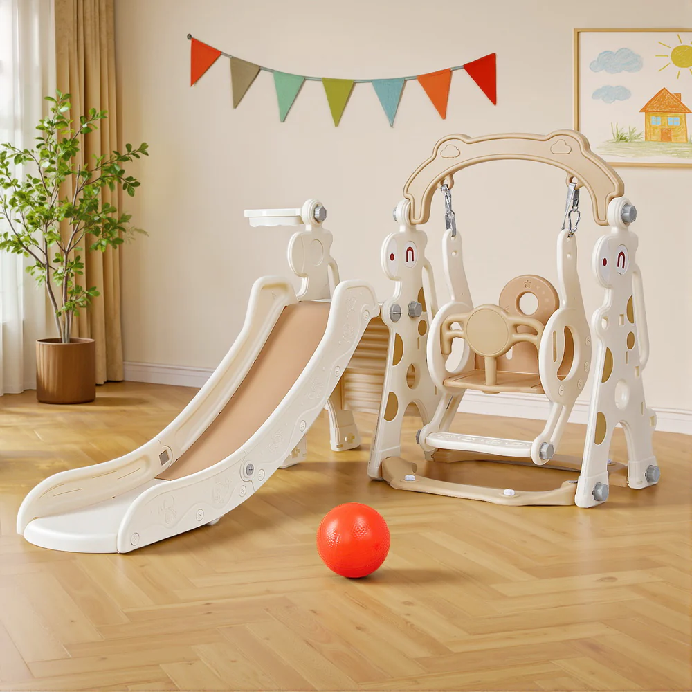 Keezi Kids Slide Swing Set Basketball Hoop Outdoor Playground Toys 160cm Beige - Image 7