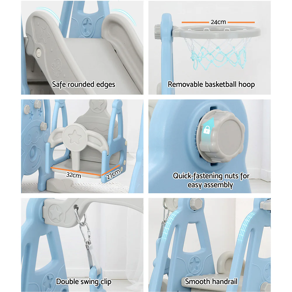 Keezi Kids Slide Swing Set Basketball Hoop Outdoor Playground Toys 170cm Blue - Image 6