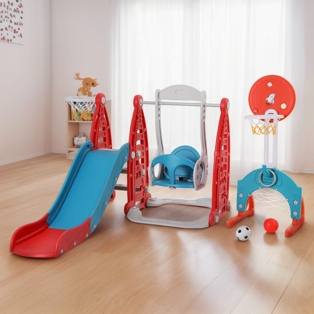 Keezi Kids Slide Swing Set Basketball Hoop Rings Football Outdoor Toys 140cm Red - Image 5