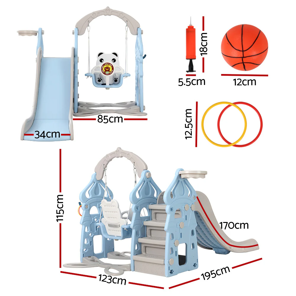 Keezi Kids Slide Swing Set Basketball Hoop Rings Outdoor Playground 170cm Blue - Image 2