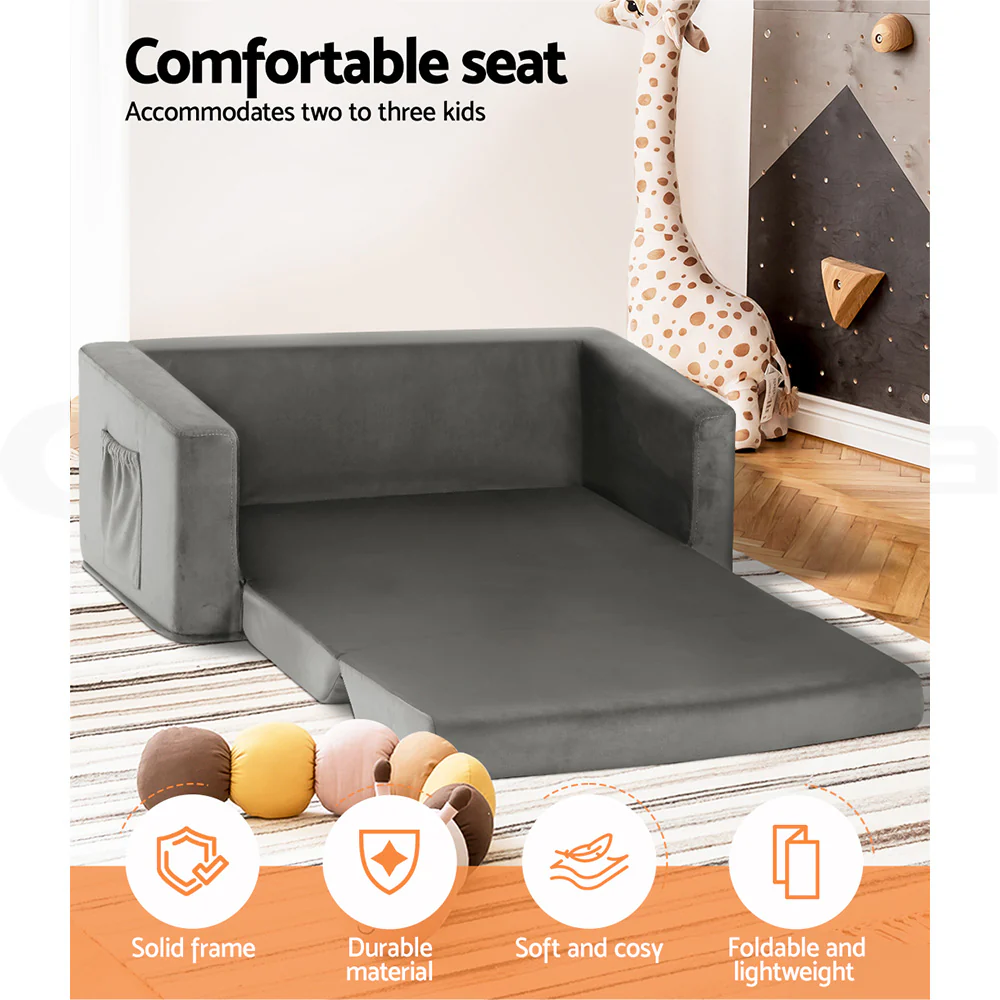 Keezi Kids Sofa 2 Seater Children Flip Open Couch Velvet Armchair Grey - Image 4
