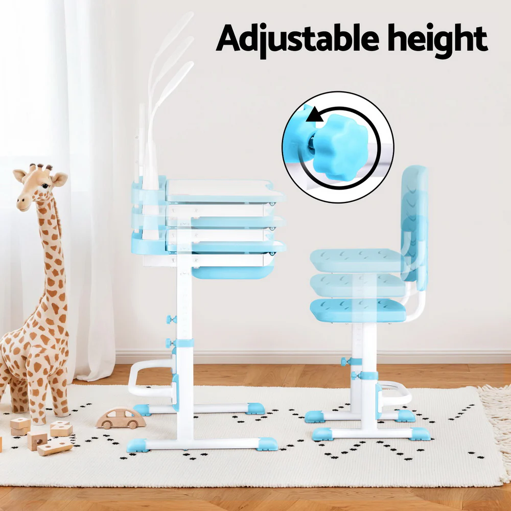 Keezi Kids Table and Chair Set Adjustable Study Desk w/ LED Lamp Reading Blue - Image 4