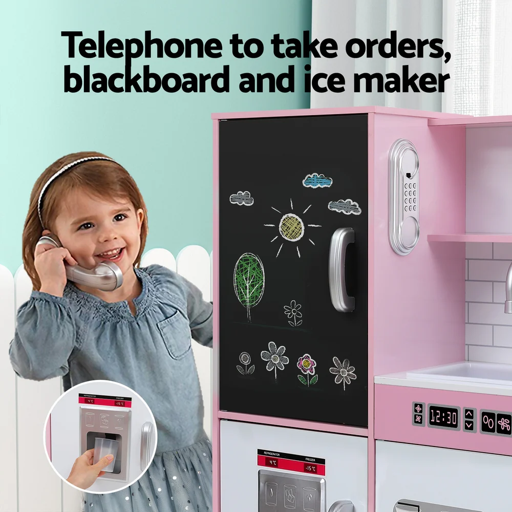 Keezi Kids Wooden Pretend Kitchen Play Set Cooking Toys Pot Ice Cup Oven Blackboard 80CM Pink - Image 4