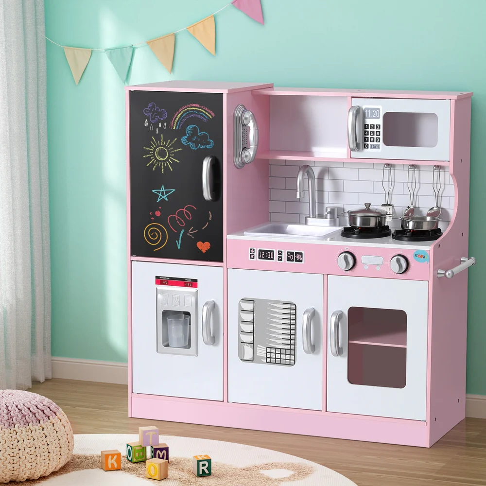 Keezi Kids Wooden Pretend Kitchen Play Set Cooking Toys Pot Ice Cup Oven Blackboard 80CM Pink - Image 7