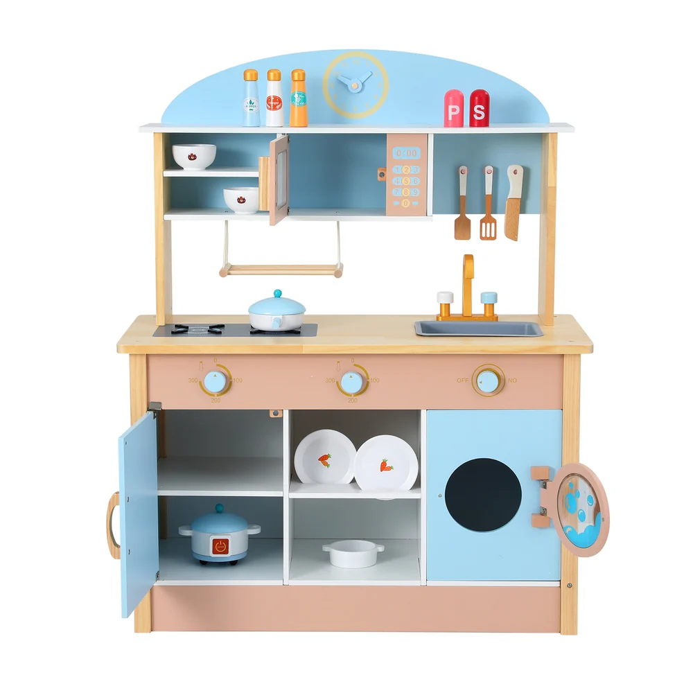 Keezi Kids Wooden Pretend Kitchen Play Sets Cooking Toys Pot Pan Bowls Oven Dishwasher 80CM Blue - Image 3