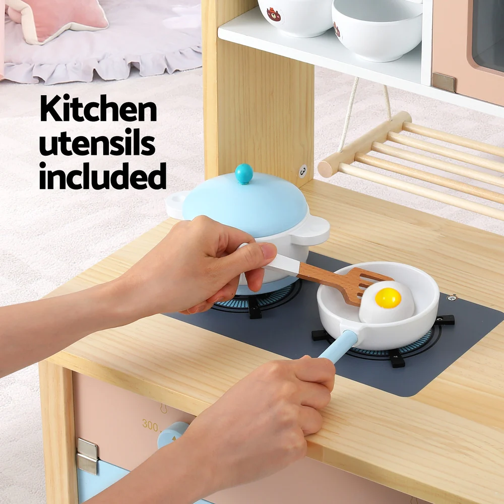 Keezi Kids Wooden Pretend Kitchen Play Sets Cooking Toys Pot Pan Bowls Oven Dishwasher 80CM Blue - Image 4