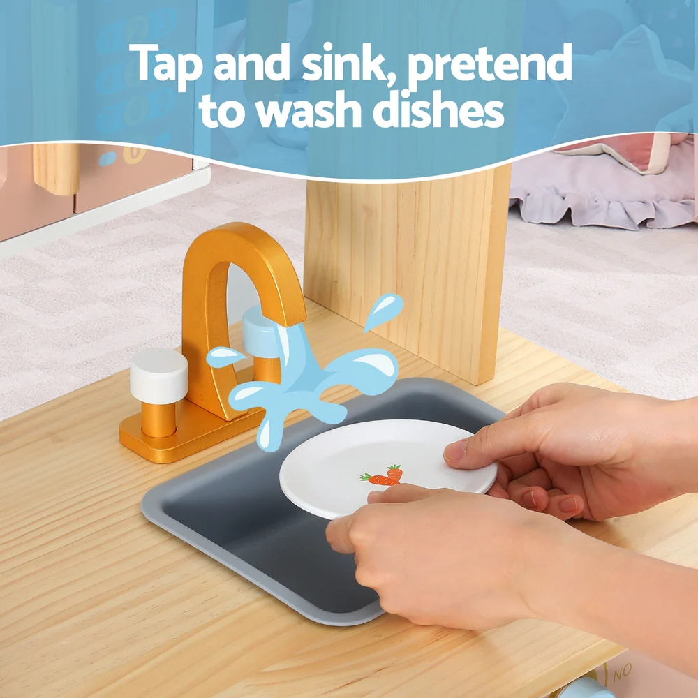 Keezi Kids Wooden Pretend Kitchen Play Sets Cooking Toys Pot Pan Bowls Oven Dishwasher 80CM Blue - Image 5