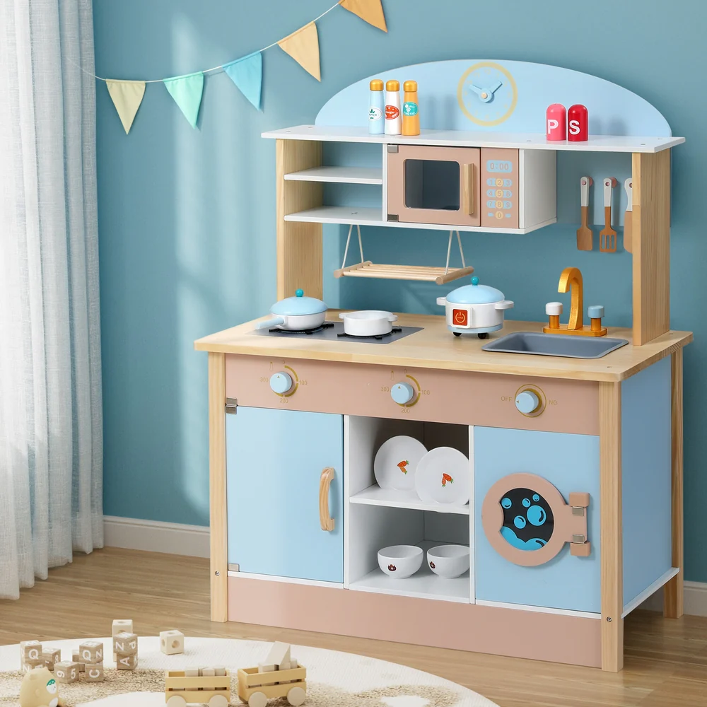Keezi Kids Wooden Pretend Kitchen Play Sets Cooking Toys Pot Pan Bowls Oven Dishwasher 80CM Blue - Image 7