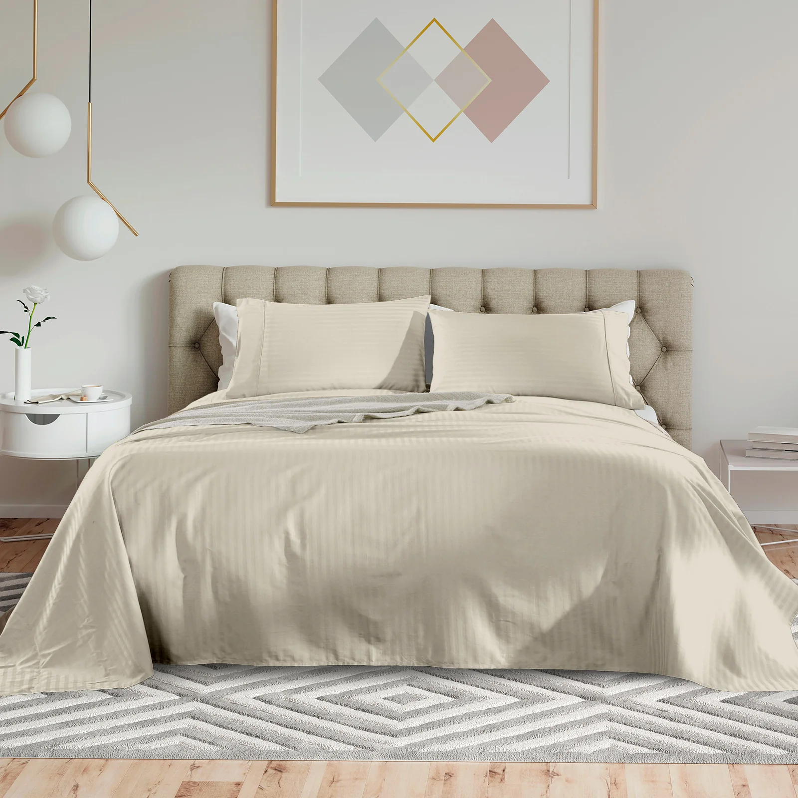 KENSINGTON 1200TC COTTON SHEET SET IN STRIPE-KING - SAND - Image 8