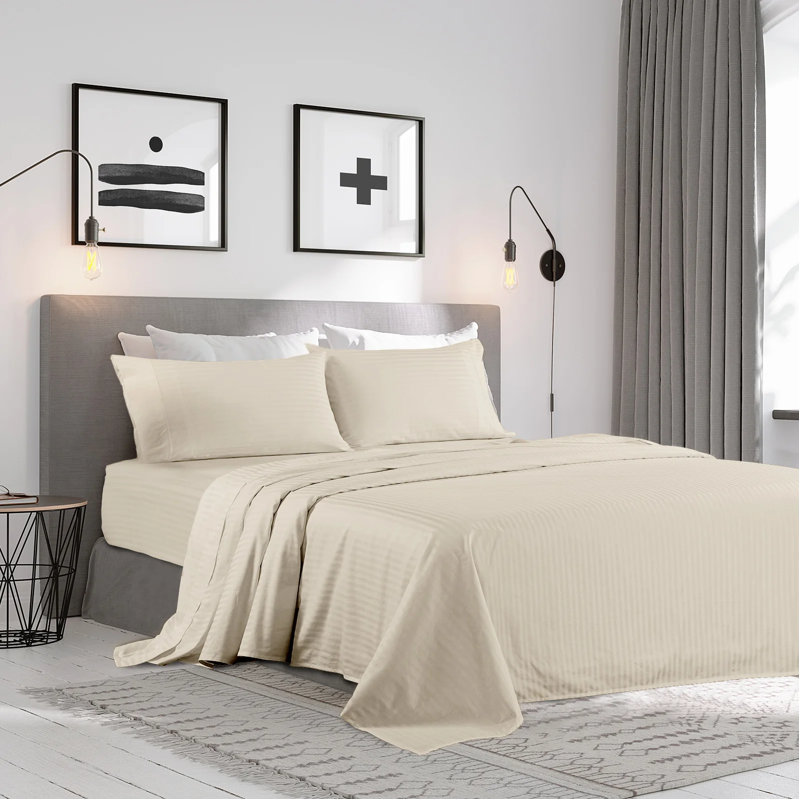 KENSINGTON 1200TC COTTON SHEET SET IN STRIPE-QUEEN - SAND - Image 2